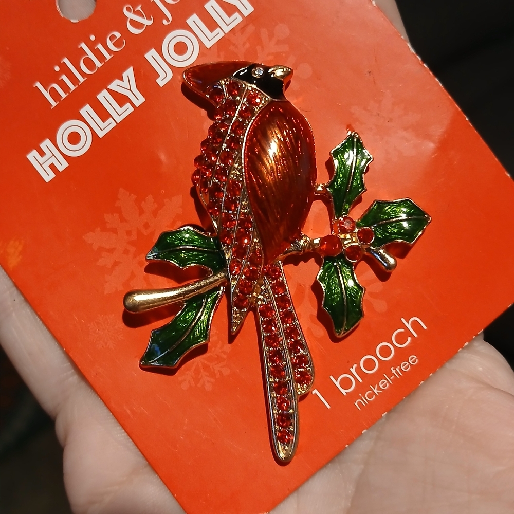 Red Cardinal And Holly Christmas Brooch